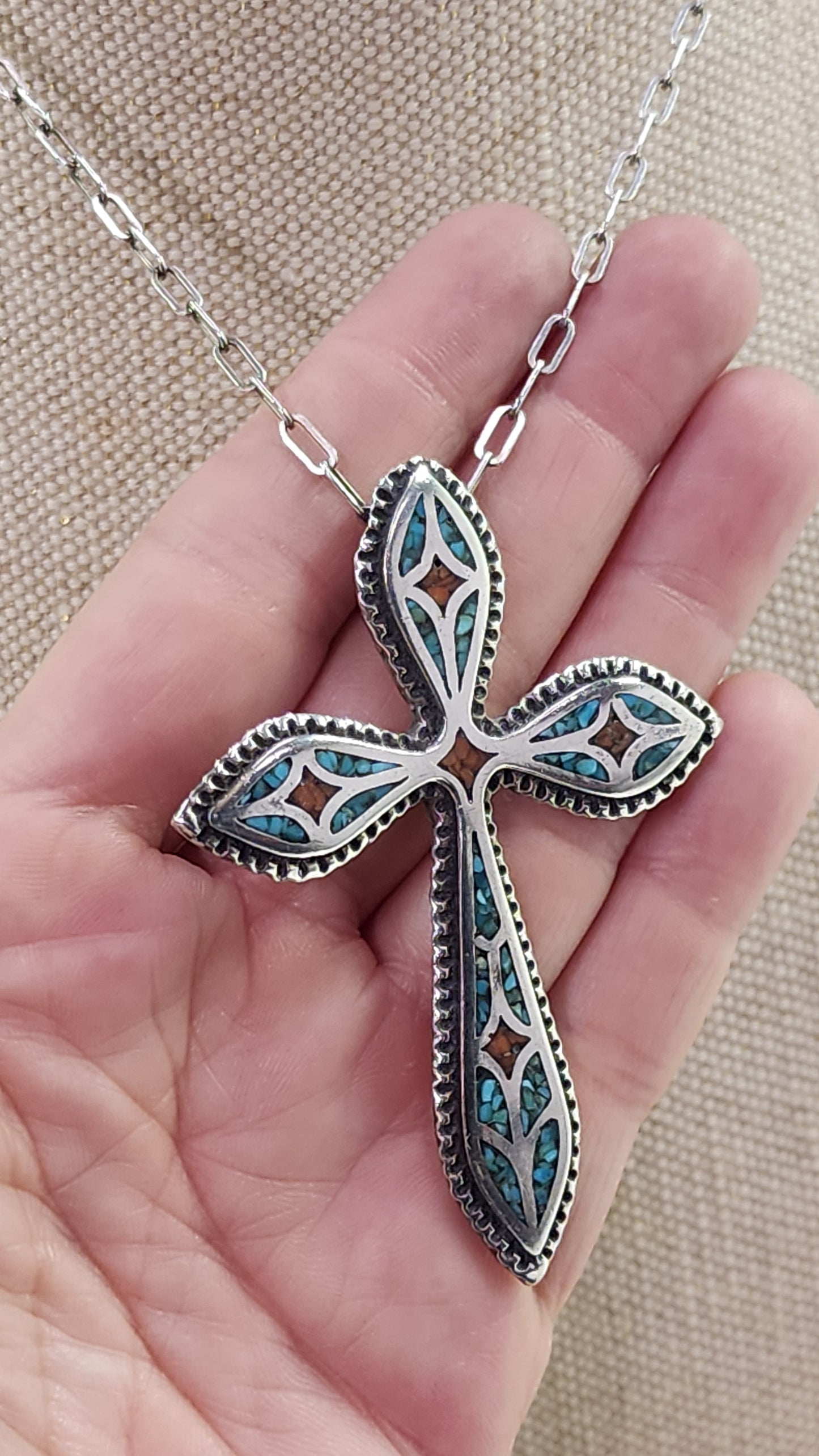Inlay Turquoise and Coral sterling silver cross necklace