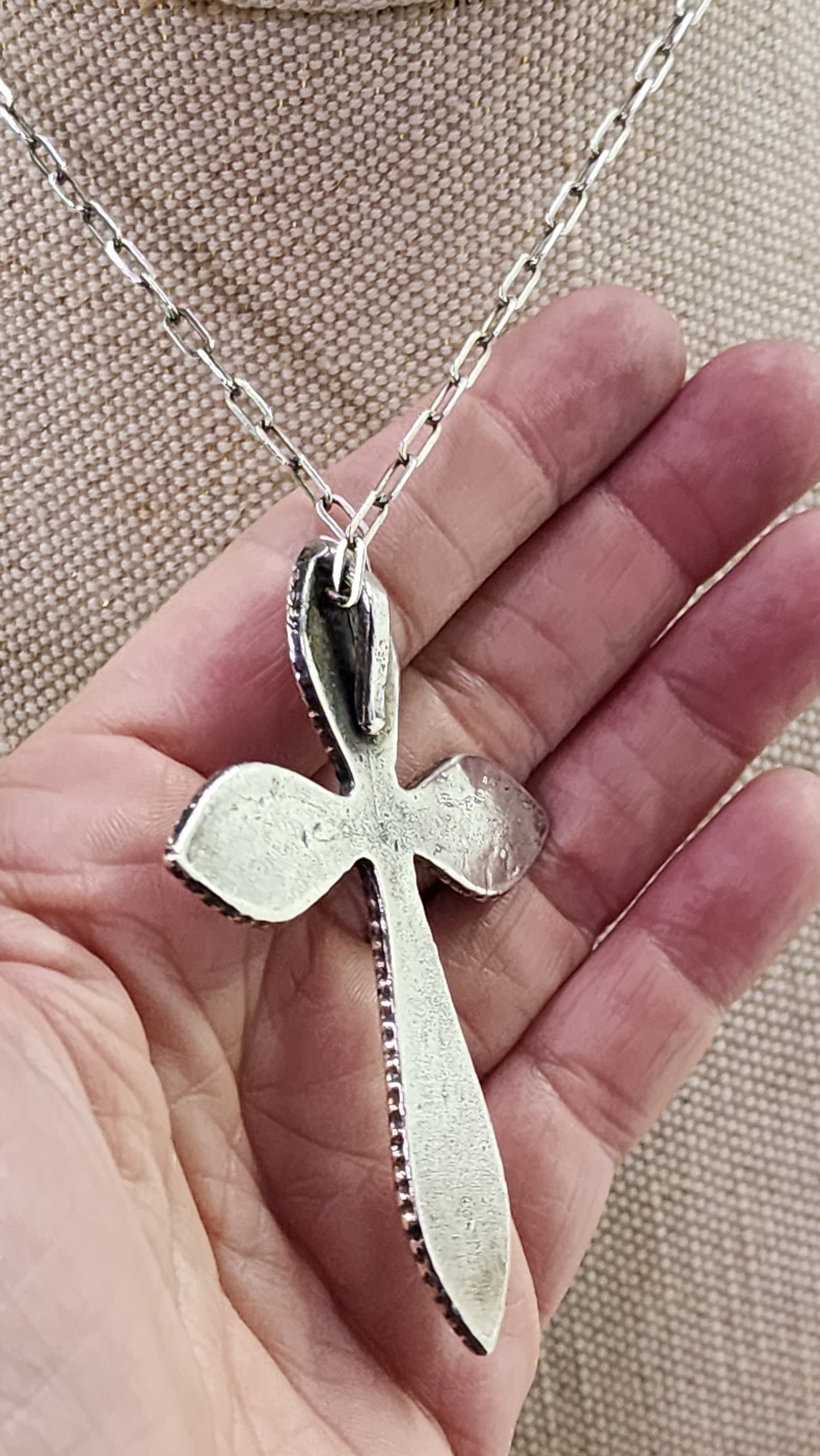 Inlay Turquoise and Coral sterling silver cross necklace