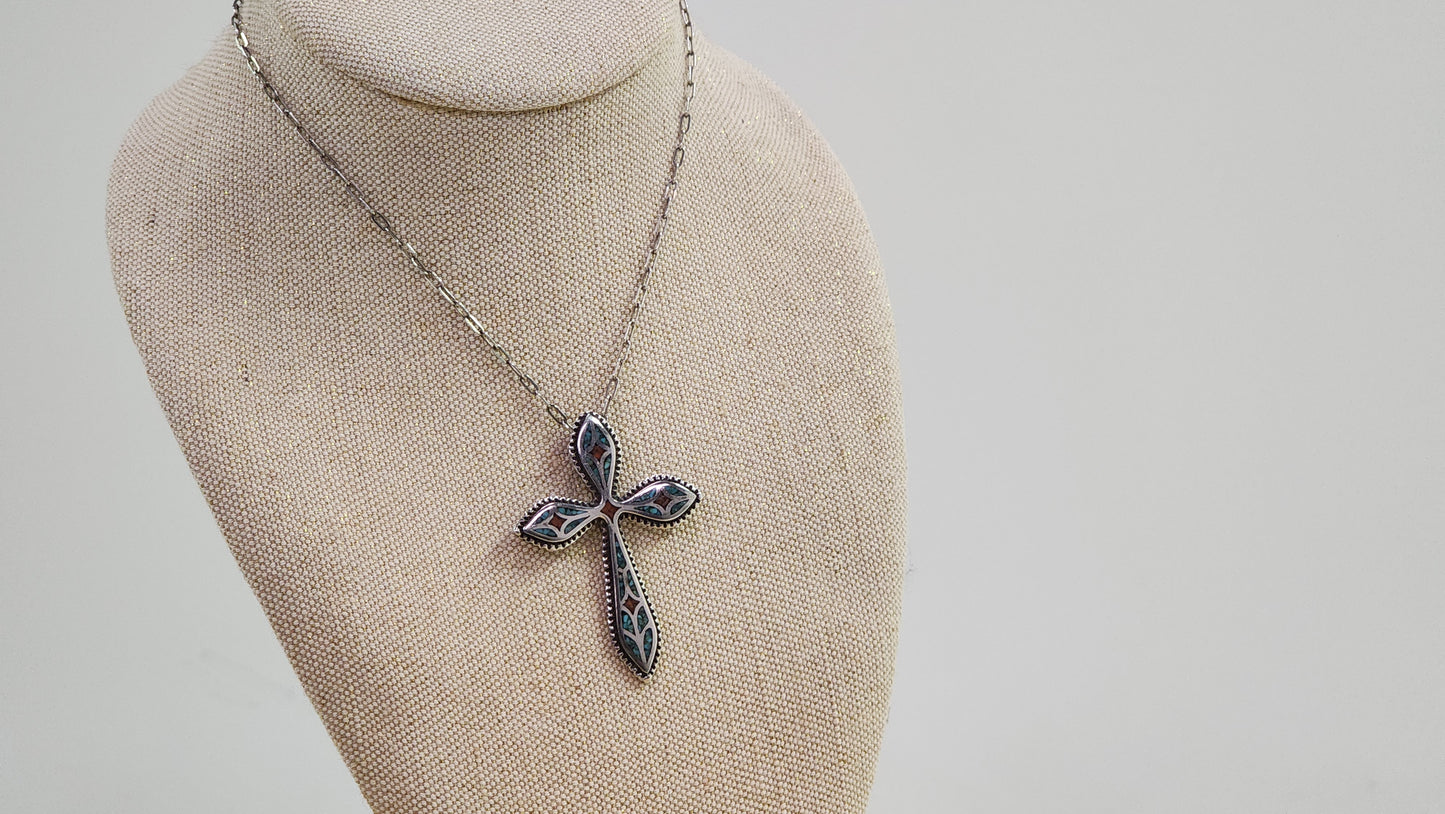 Inlay Turquoise and Coral sterling silver cross necklace