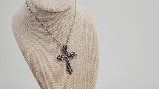 Inlay Turquoise and Coral sterling silver cross necklace
