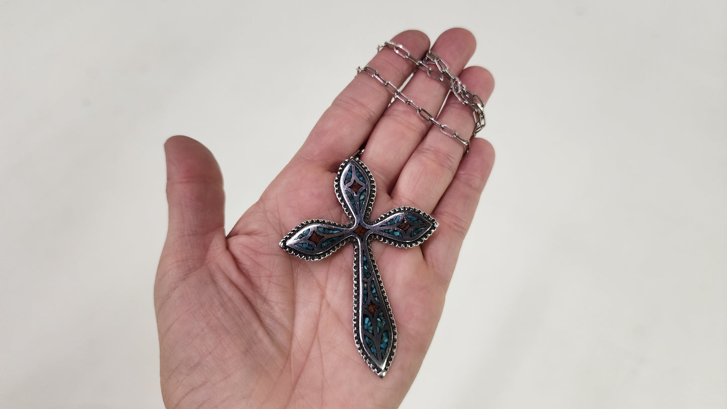 Inlay Turquoise and Coral sterling silver cross necklace