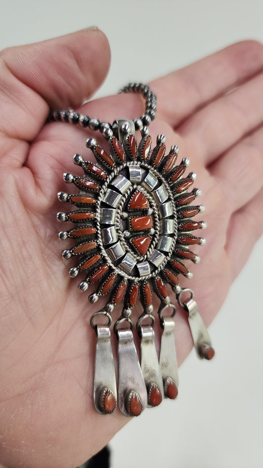 Zuni Needlepoint Coral Pendant/Pin
