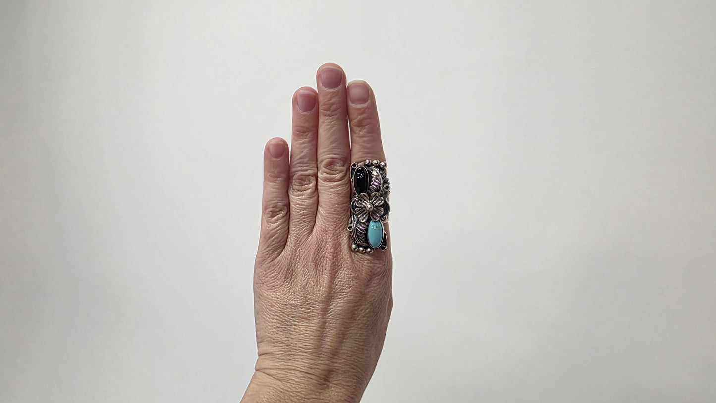 Turquoise & Onyx Feather Ring