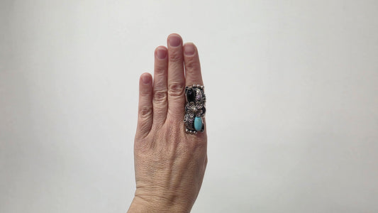 Turquoise & Onyx Feather Ring