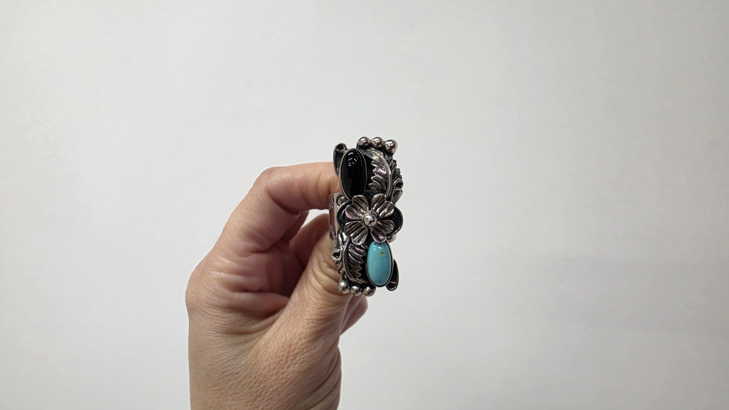 Turquoise & Onyx Feather Ring