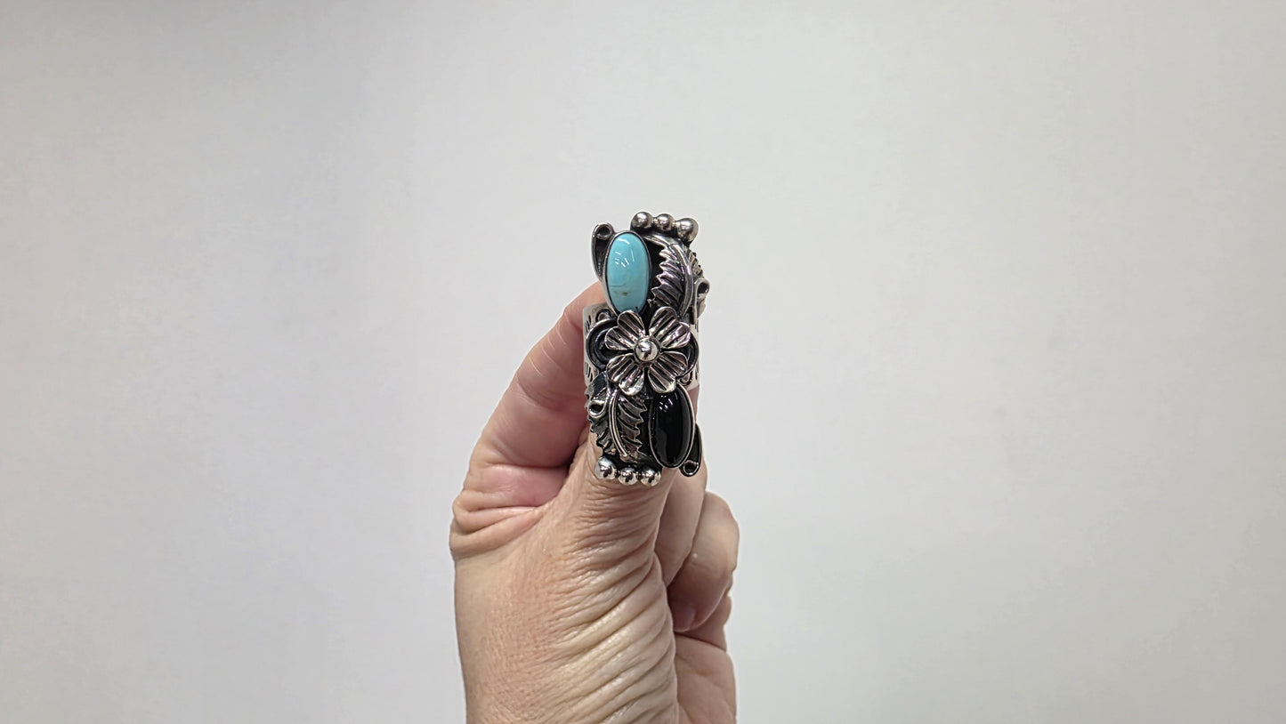Turquoise & Onyx Feather Ring