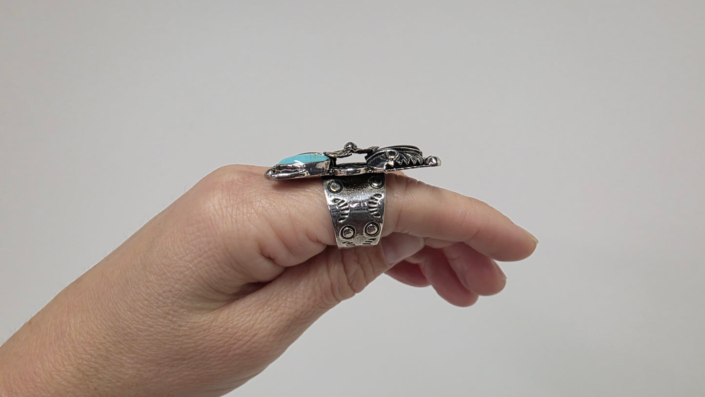 Turquoise & Onyx Feather Ring