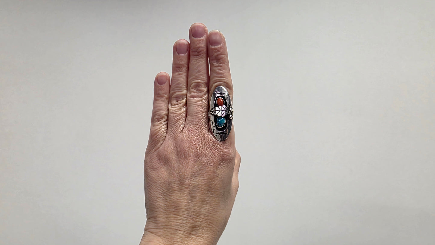 Long Turquoise & Coral Ring