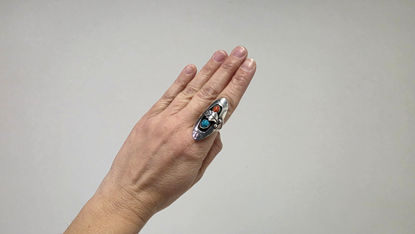 Long Turquoise & Coral Ring