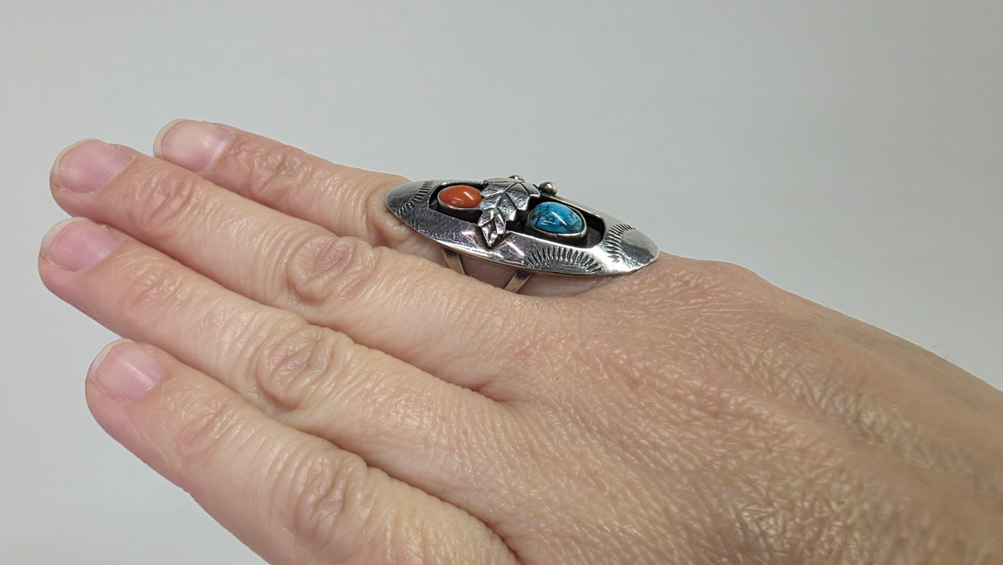 Long Turquoise & Coral Ring