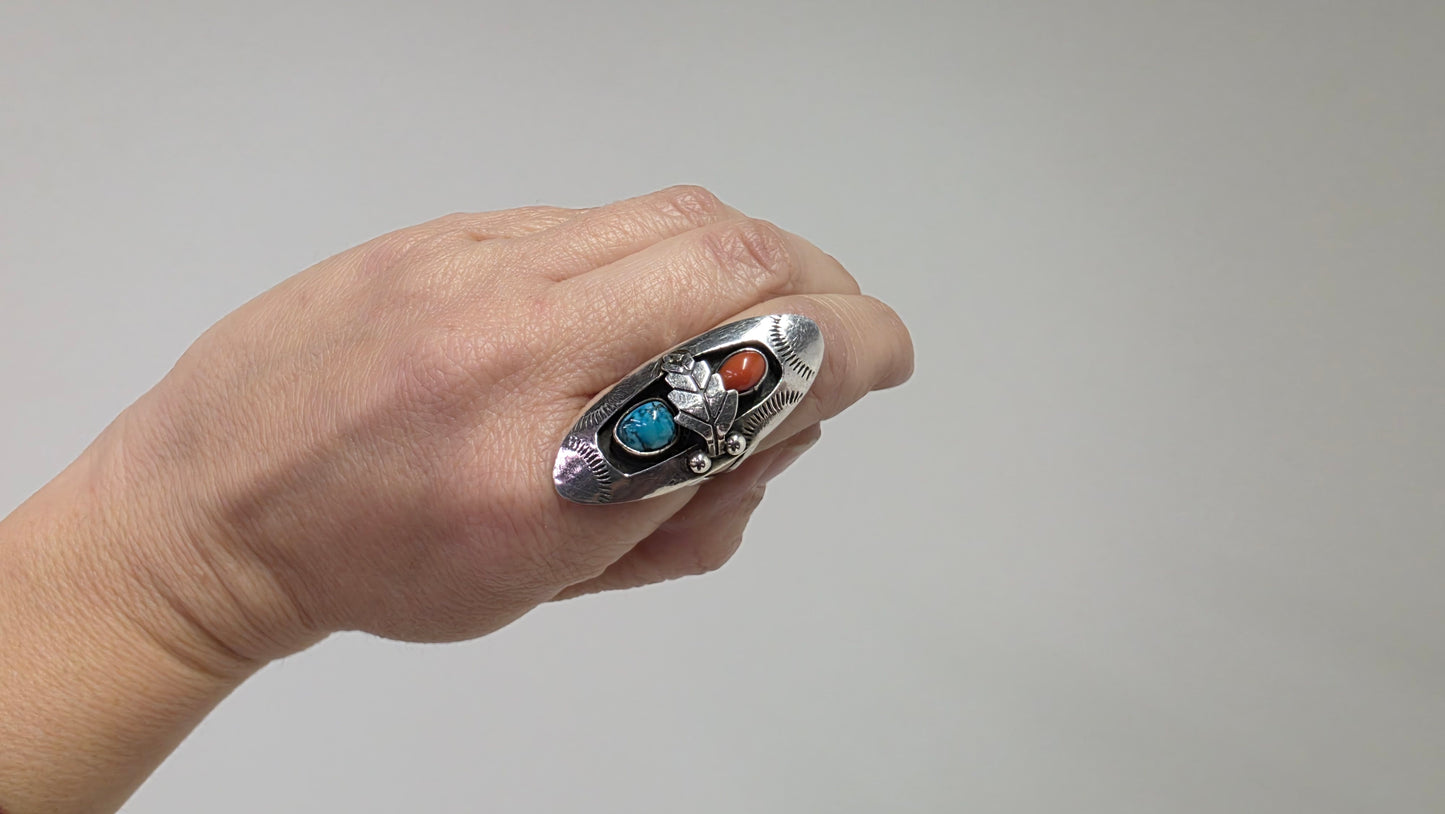 Long Turquoise & Coral Ring