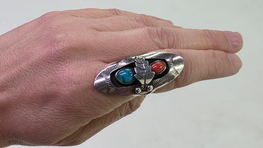 Long Turquoise & Coral Ring